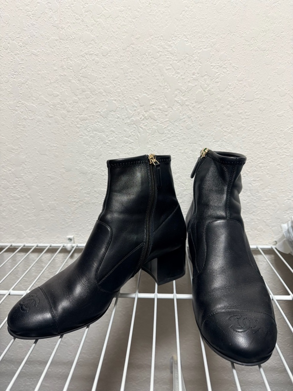 Black Leather Ankle Boots with Side Zip - Designer Logo Cap Toe Chanel uniform